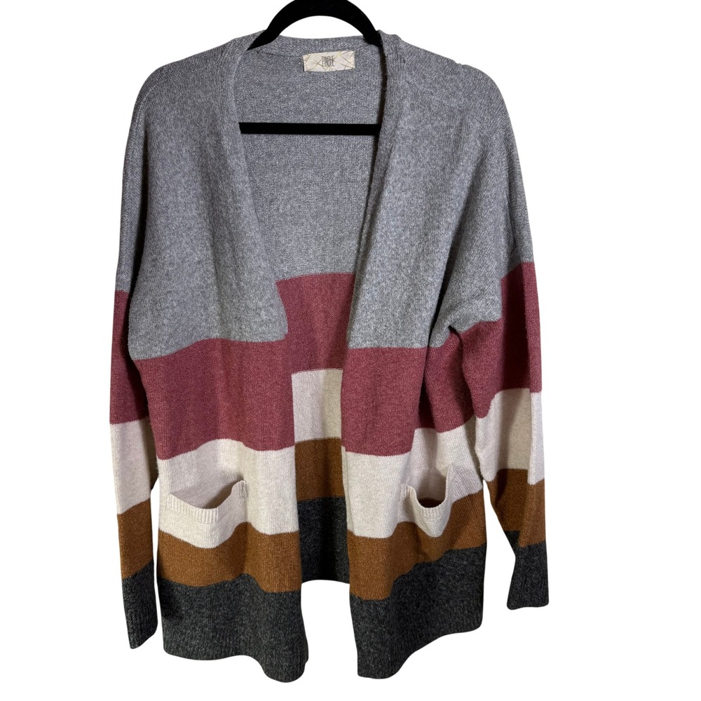Pinque Womens 1X Colorblock Striped Open Front Cardigan Sweater Grey Burgundy